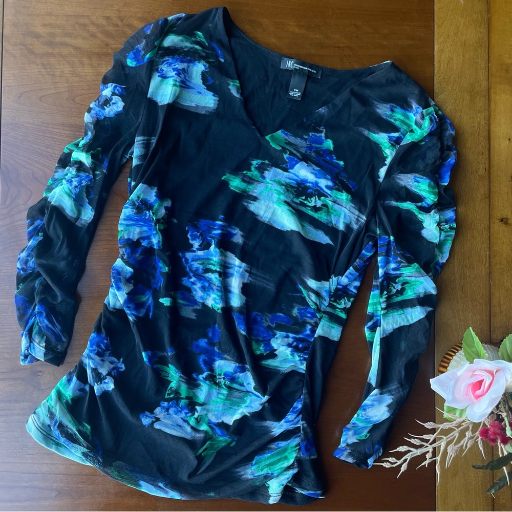 INC International Concepts Black Floral Print V-Neck Long Sleeve Top